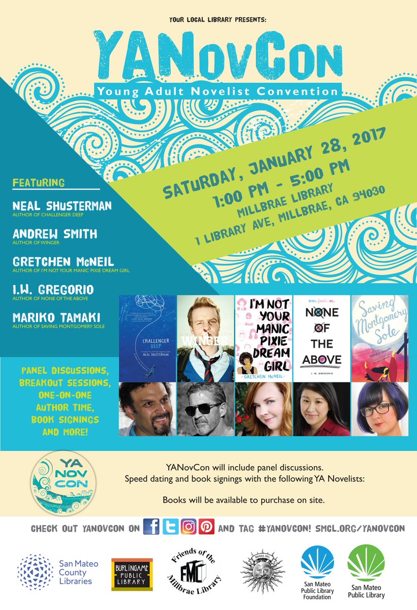 SMCLYANovCon's tweet image. Exciting! Draft of this year's @SMCLibraries #YANovCon poster with @NealShusterman @marburyjack @GretchenMcNeil @IWGregorio @marikotamaki