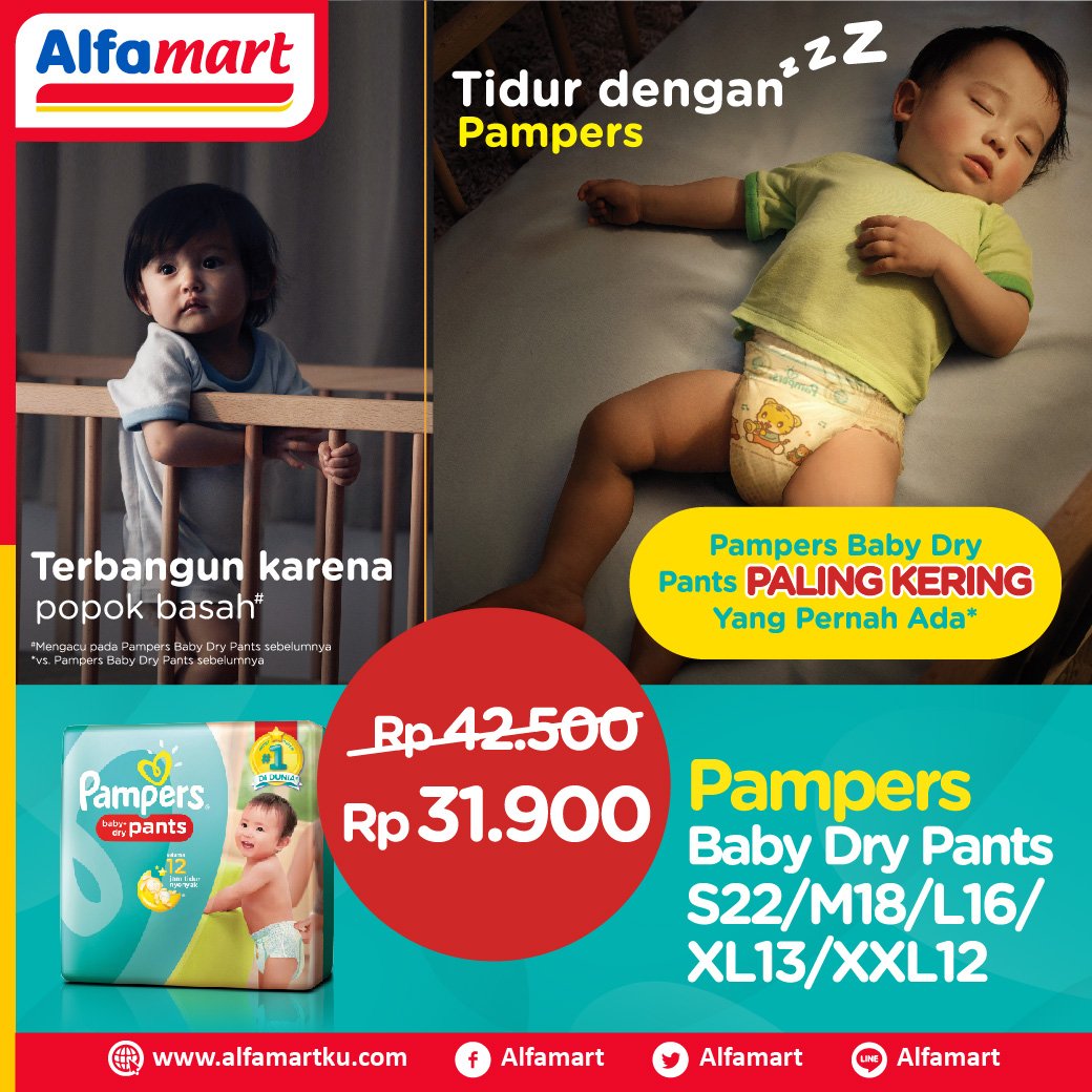 Pampers Baby dry pants S22/M18/L16/XL13/XXL12 turun harga menjadi Rp 31.900. Info klik ow.ly/QI4v304MjuS