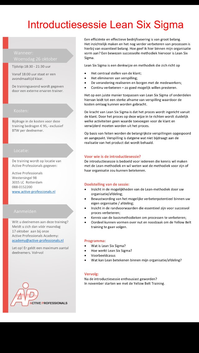 active_info's tweet photo. #Lean #Six #Sigma modewoord of noodzaak? @active_info organiseert voor #Freelancers 26 okt de introductiesessie info@active-professionals.nl https://t.co/78EuvUahbi