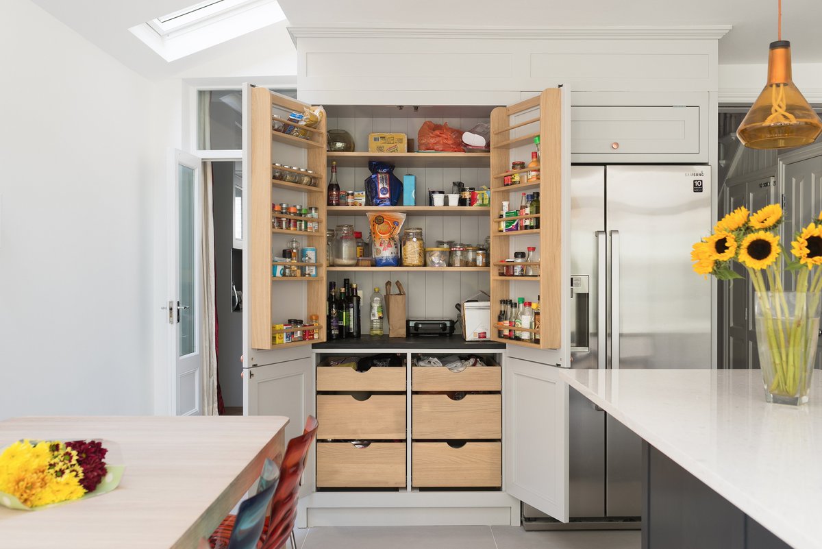 Our beautiful four-door, solid European oak larder. Love! #kitchen #renovation #shakerkitchen #home #interiors #oak #kitchensuk