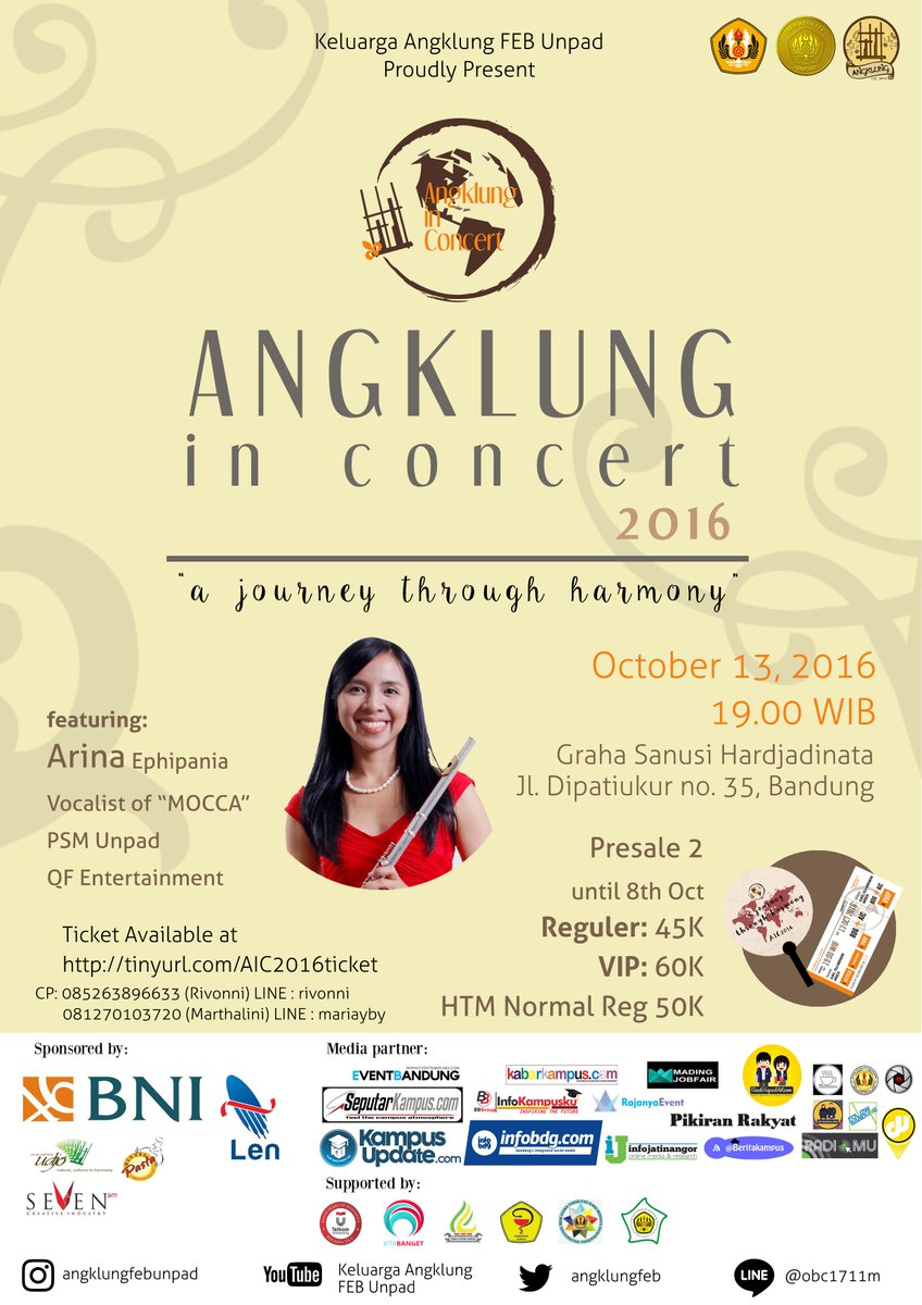 Hai tweeps! Sudah H-6 Angklung In Concert 2016 nih, masih ada tiket buat kamu loh.. Yuk hubungi CP nya #AIC2016