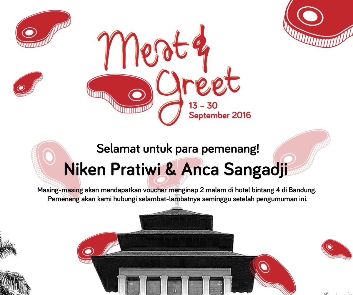Selamat untuk pemenang Meat&amp;Greet; Niken Pratiwi dan Anca Sangadji!
Kita akan menghubungi kalian untuk konfirmasi hadiah :D