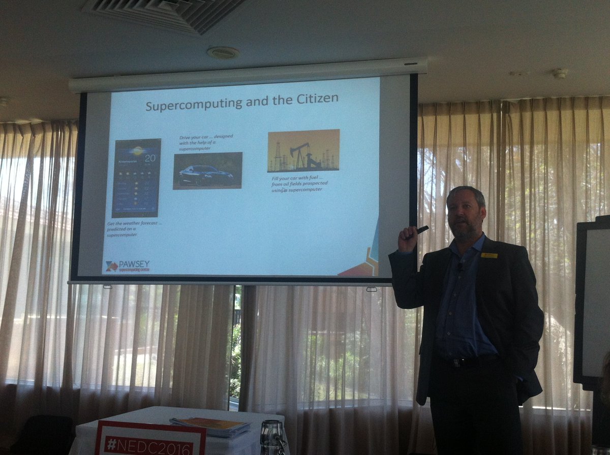 HPC_Guru's tweet photo. Neil Stringfellow talking about how citizens use supercomputing every day @PawseyCentre
#NEDC2016 #HPC via @data_luke https://t.co/IfCqwc9ChX