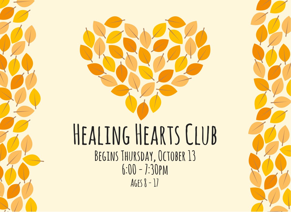 Healing Hearts Club starts Thursday 10/13. A  #FREE  grief support group for kids &amp; teens 8 - 17. Sign up here: ow.ly/XHaC304TCdk