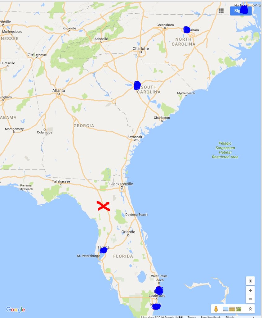 BrennonHughes's tweet photo. @ClayTravis Blue dots = where college football is being played this weekend. Red X = Gainesville, FL  #UofForfeit https://t.co/Qtk35x0V5Q