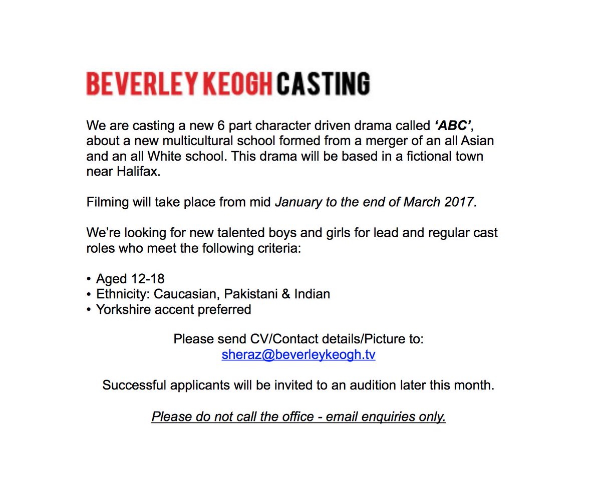 beverleykeogh's tweet photo. Talented boys and girls needed for a new drama 'ABC'. #Casting #boys #girls #drama RT https://t.co/1hi48xgfsn