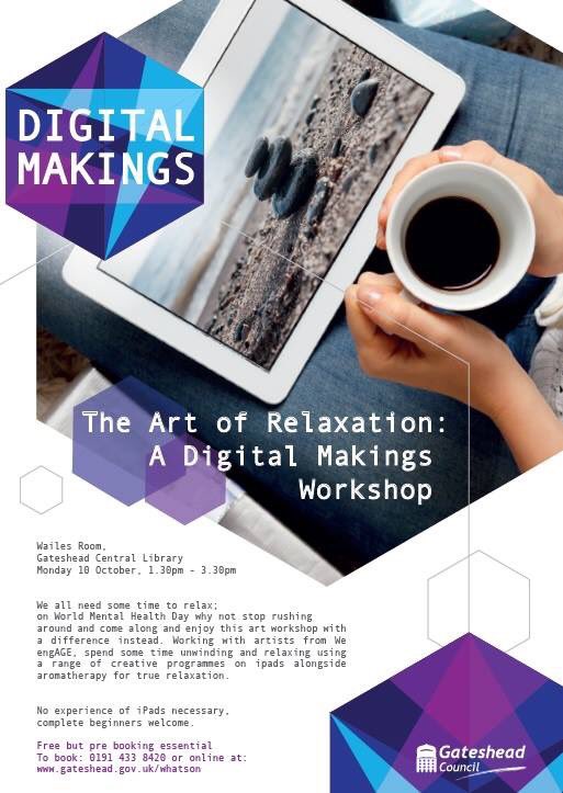 ClaireFordArt's tweet photo. Are you free on Monday 10th of October and need to relax? This is for you!! @GatesheadLibs #arts #creativity #WorldMentalHealthDay https://t.co/kBISmJwMdH