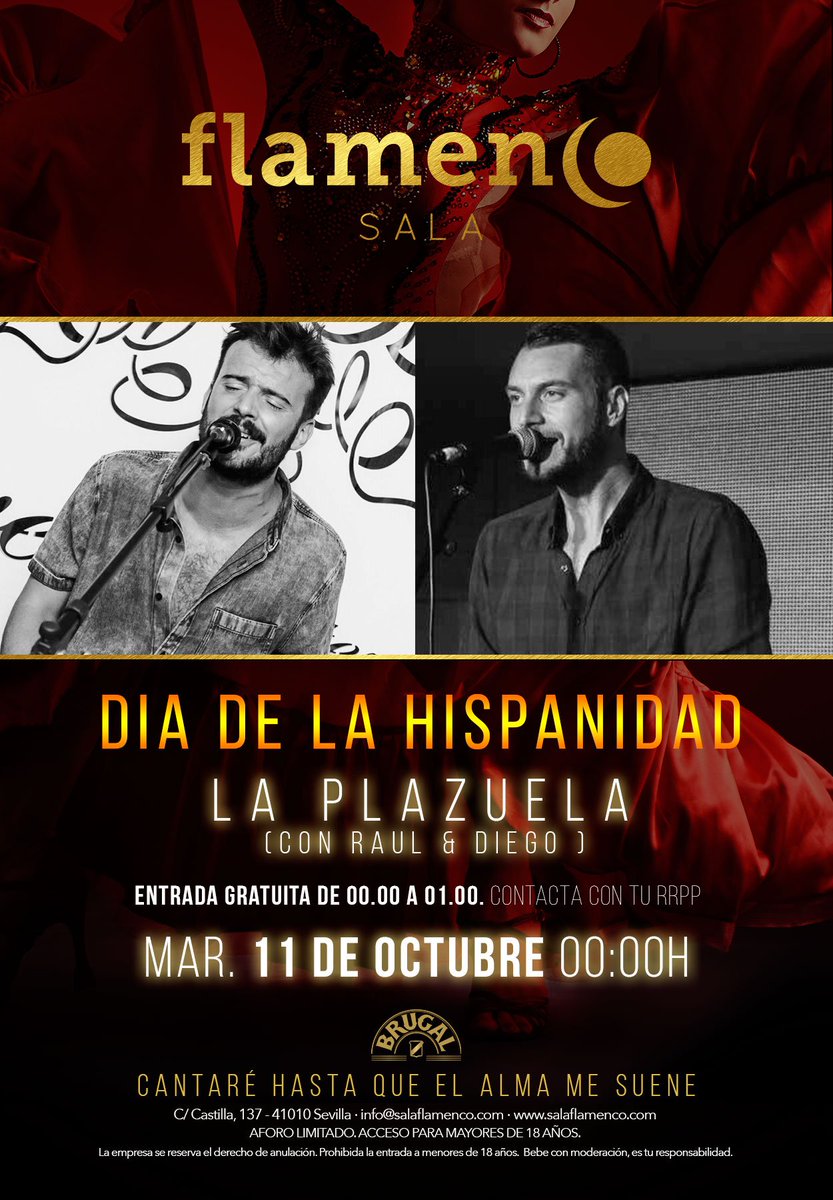 El martes #concierto de @grupolaplazuela por el #DiaDeLaHispanidad! <a href="/pablonuba/">Pablo Nuñez</a> <a href="/RaulRegateiro/">Raúl Regateiro</a> <a href="/juanmidelpino/">Juanmi del Pino</a> #Sevilla #Flamenco