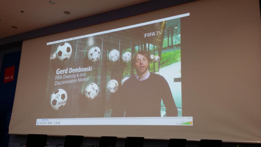 Medienfreundin's tweet photo. Having had "no time" to attend #FootballPrideWeek themselves, @FIFAcom sent a video message. Thx Gerd! @FFgH2014 @FansEurope @QFForg #FfgH https://t.co/oRfR45Qmcw