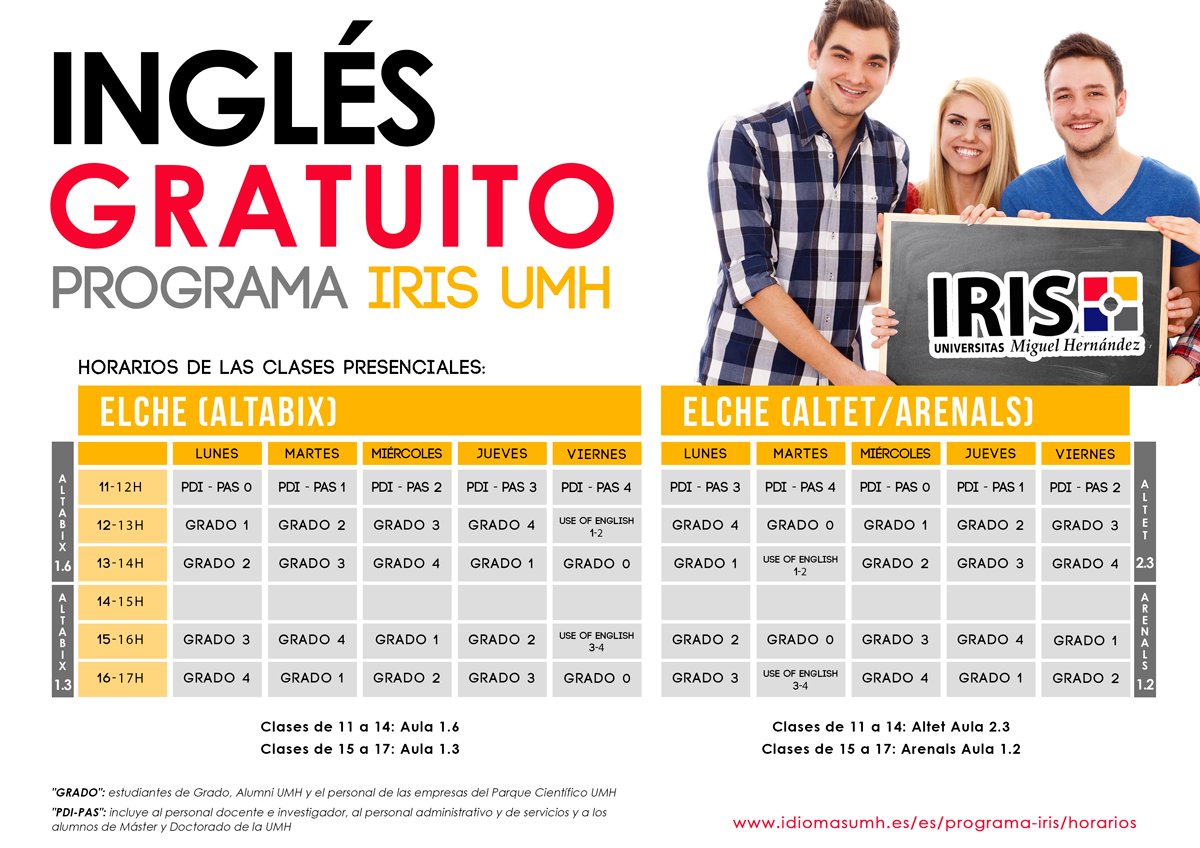 IdiomasUMH's tweet photo. Aquí tenéis los horarios de #IRISUMH en cada uno de los campus de la @UniversidadMH  📚 https://t.co/Dl0Amhhuu9 https://t.co/rEc1bkl0mG