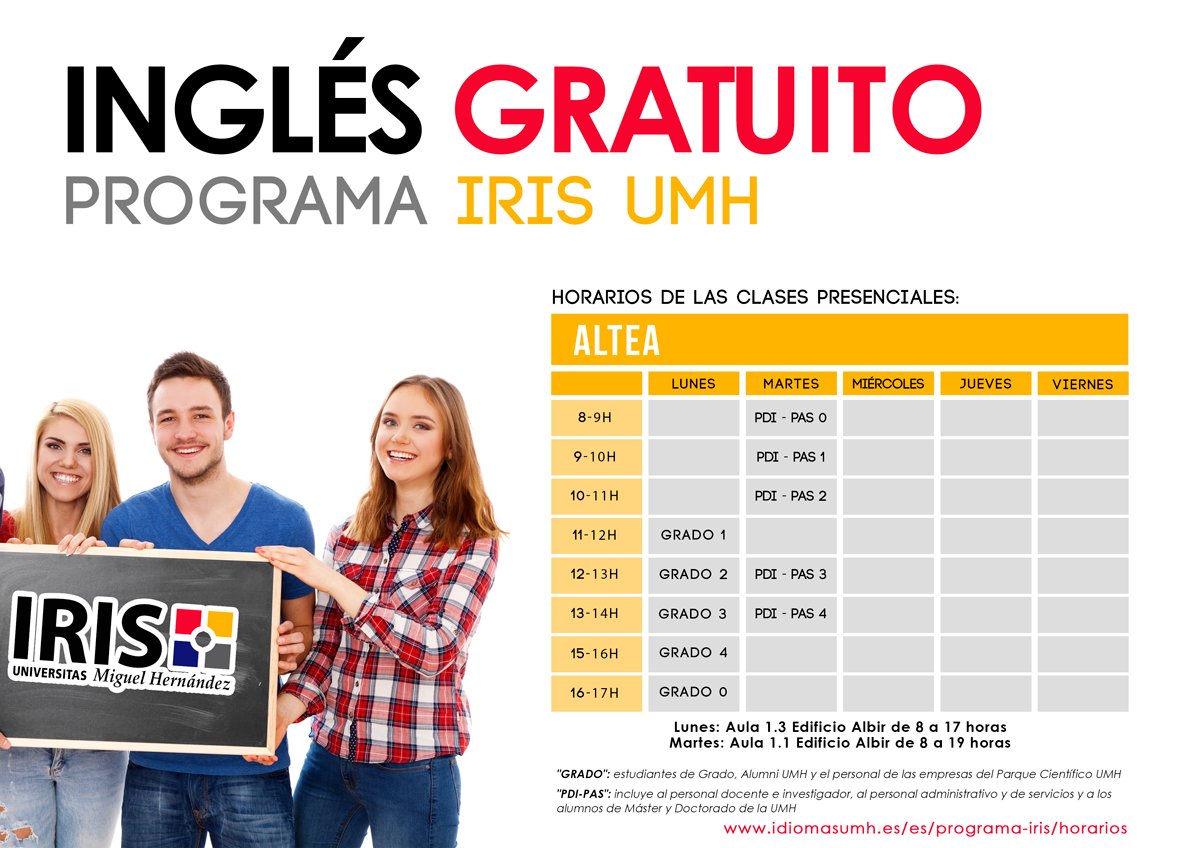 IdiomasUMH's tweet photo. Aquí tenéis los horarios de #IRISUMH en cada uno de los campus de la @UniversidadMH  📚 https://t.co/Dl0Amhhuu9 https://t.co/rEc1bkl0mG