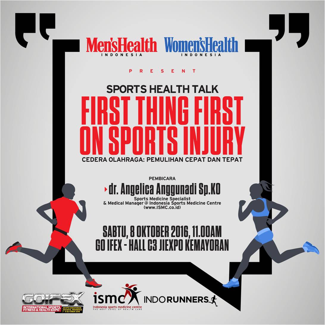 Cari tahu cara menghadapi cedera saat berolahraga, Sabtu 8 Oktober 2016, pukul 11.00 di <a href="/GOIFEX/">GOIFEX</a> Hall C3 JIEXPO Kemayoran Jakarta! <a href="/ismc_ID/">IndoSportsMedCentre</a>