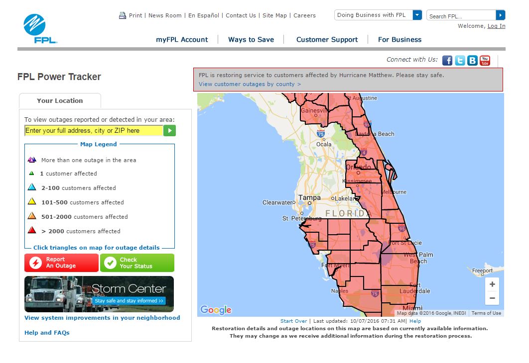 florida power and light outages