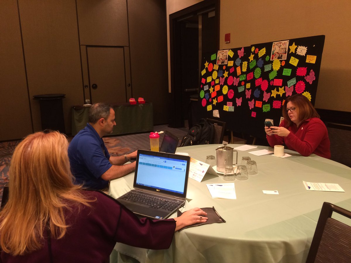 CMSax's tweet photo. @UPCEA MidAtlantic team busily summarizing Graffiti Wall posts for later today #SetSailMidA https://t.co/P9sCvNWsIU