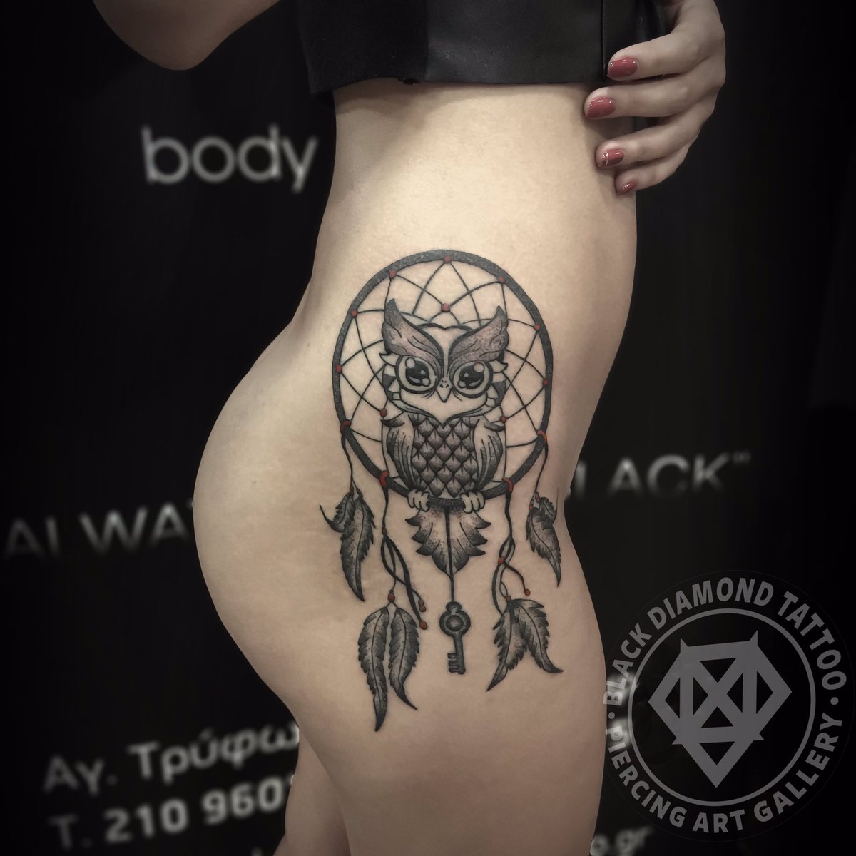 ➕➕➕complete ..! #glyfadatattoo #owltattoo #dreamcatchertattoo #tattoo  #dotwork #alwaysbetonblack @nestorasfotiadi, image size:1200x1200