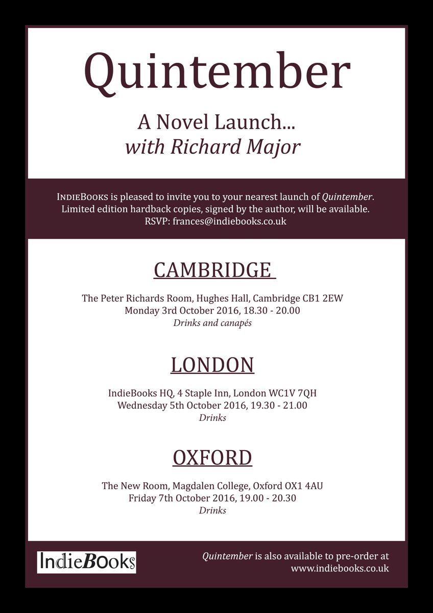 _indiebooks's tweet photo. We will be rounding off a great week of book launches for Richard Major's #Quintember tonight @magdalenoxford-Get your signed copy! #Oxford https://t.co/kbjc2WX430