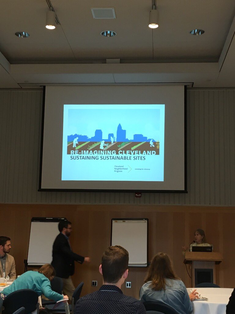 SarahRCardona's tweet photo. Bright and early at #GLAF16, ready to learn about Cleveland vacant land reclamation pgm on 195 city land bank lots! https://t.co/7YVKdih7Bl