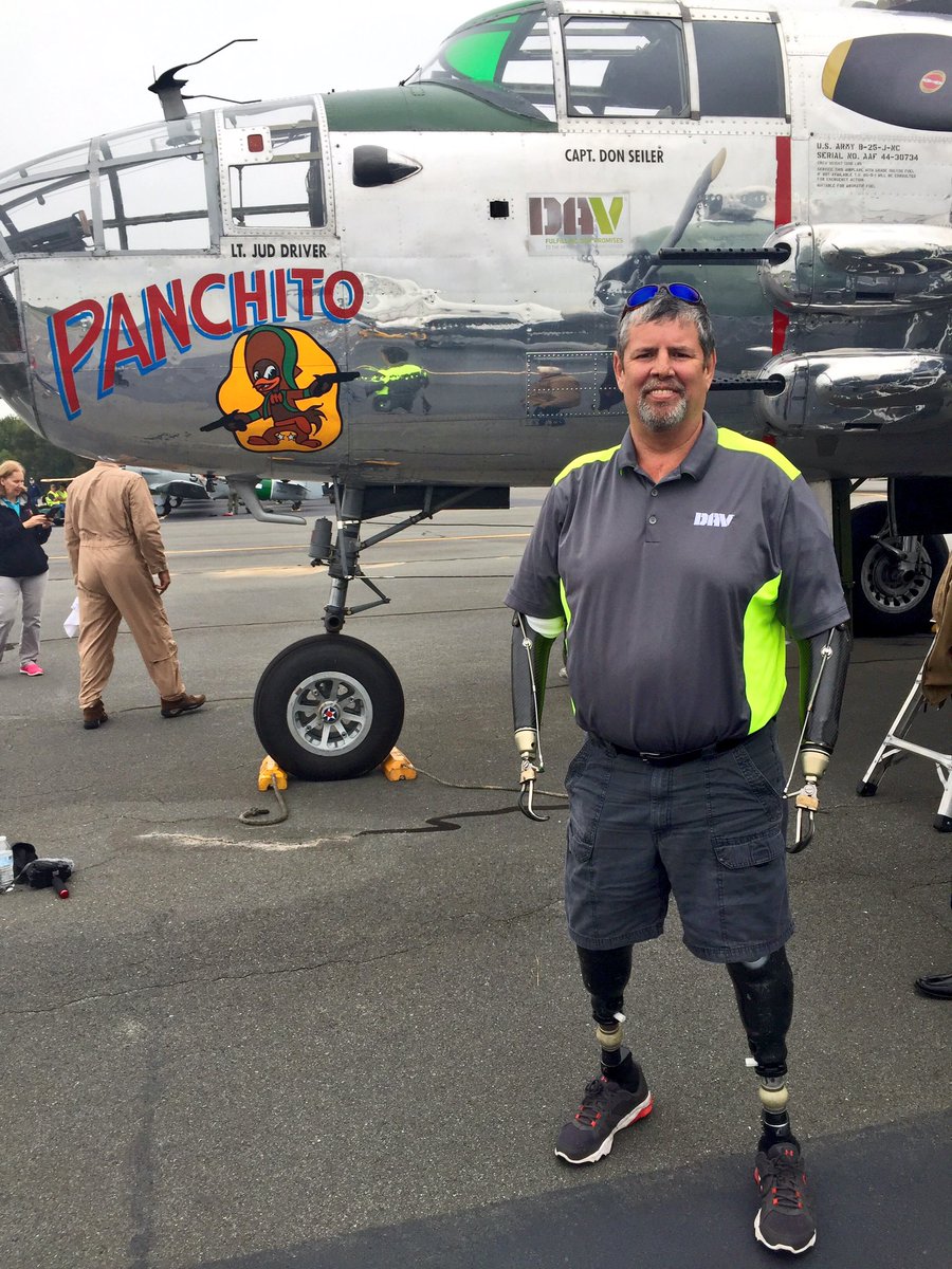 DAVHQ's tweet photo. DAV National Commander &amp; quadruple amputee Dave Riley prepares to board a B-25 to take part in the #PotomacFlight over DC w/ @davflightteam https://t.co/Tks5KdD4wZ