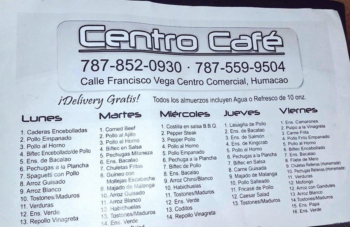 donemilio_pr's tweet photo. Es momento de disfrutar el variado menú de #centrocafe para hoy viernes! Delivery GRATIS en Humacao. 787-852-0930😋👍🏻 https://t.co/DAJcrHZgxV