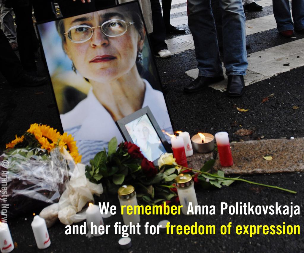 AmnestySverige's tweet photo. Idag är det 10 år sedan mordet på journalisten Anna Politkovskaja. Vi minns henne och hennes kamp för yttrandefrihet i #Ryssland https://t.co/PcCgzhtFva