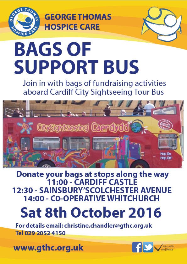 CityHospice's tweet photo. @hospiceuk Donate your bags tomorrow, see poster for stops along the way #BagsofSupport #Cardiff Games & Prizes on the bus come and meet us! https://t.co/9EmIUVq0uz