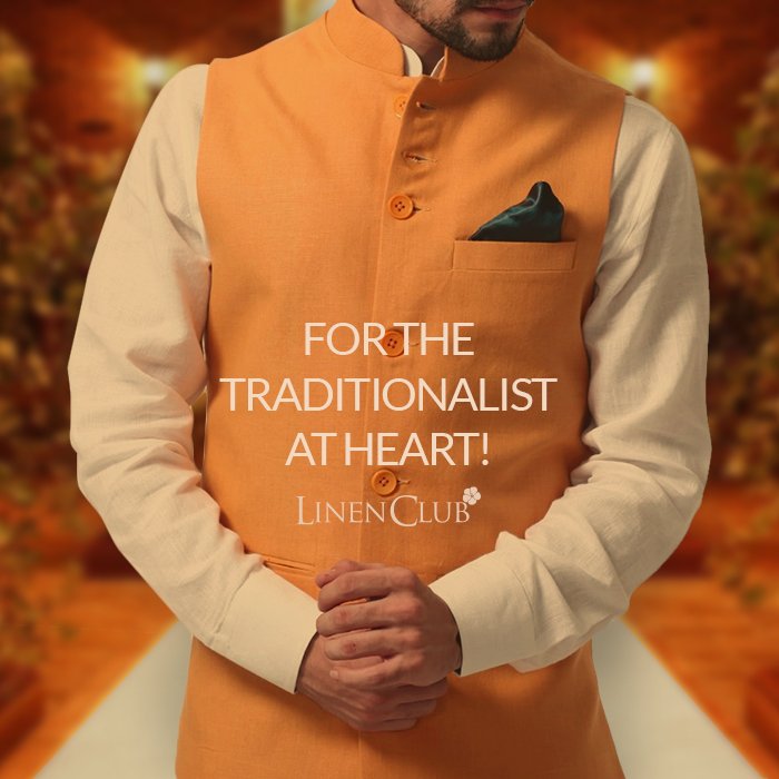 LinenClub's tweet photo. A custom-fitted, linen Nehru Jacket resonates the true ethnic in you. What's your pick in this festive season? #LinenClub #FestiveLife https://t.co/9UPX3ZoWHO