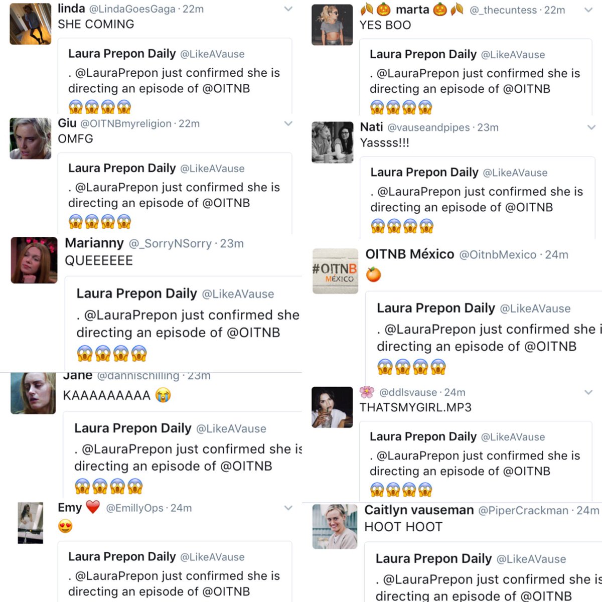 LikeAVause's tweet photo. How the fandom reacted when @LauraPrepon confirmed she is directing an episode of @OITNB ππ» π#LikeAVause @NetflixUK https://t.co/xzuXkQfzM0