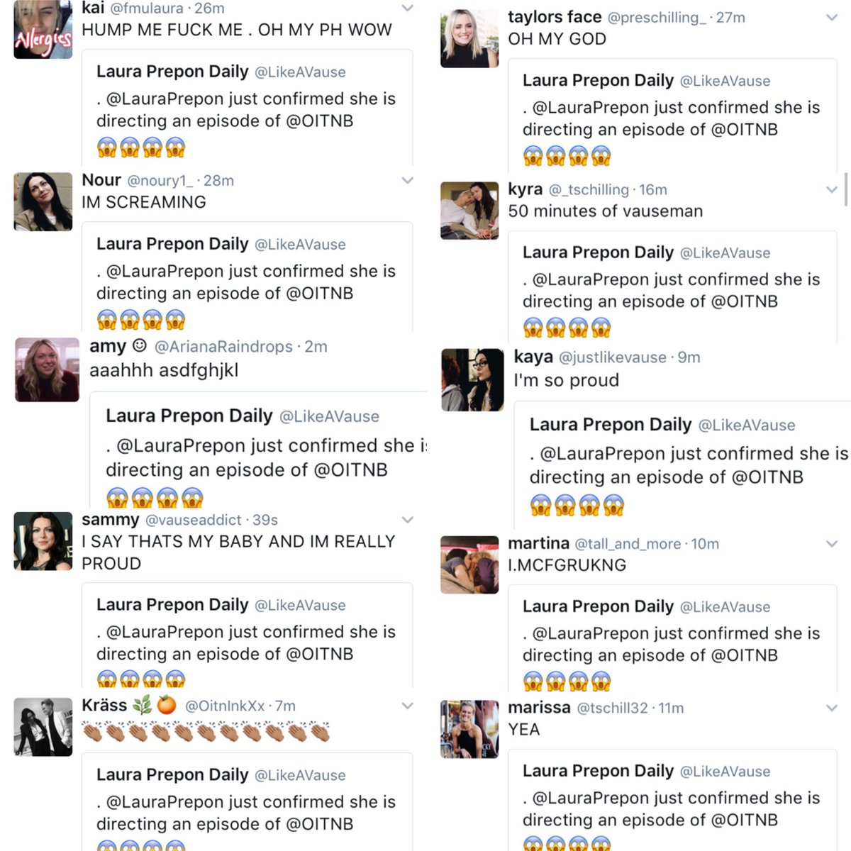 LikeAVause's tweet photo. How the fandom reacted when @LauraPrepon confirmed she is directing an episode of @OITNB ππ» π#LikeAVause @NetflixUK https://t.co/xzuXkQfzM0