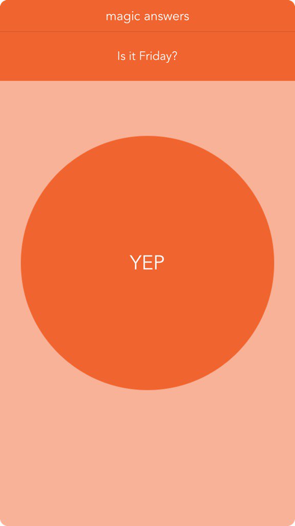 paulgoade's tweet image. I ask “Is it Friday?” and #MagicAnswers says “YEP” appstore.com/magicanswers/