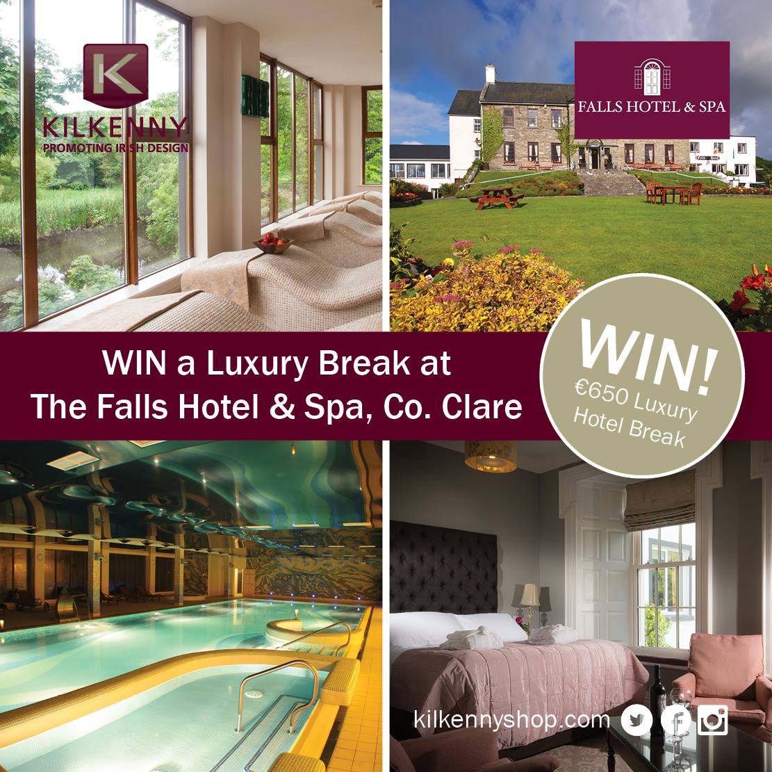 Kilkenny_Design's tweet photo. €650 luxury break at @Fallshotel for a lucky winner on our Facebook page! #hotel #clare #luxurytravel #spabreak https://t.co/7hR6dznfP8 https://t.co/UAsS7vf9kS