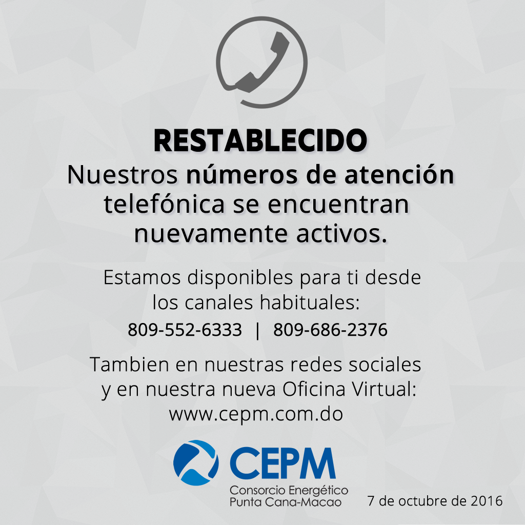 CEPMcontigo's tweet photo. Nuestros números de Call Center fueron restablecidos. Estamos disponibles en el 809-552-6333 o el 809-686-2376. Disculpa los inconvenientes. https://t.co/c3nXfR7oQy