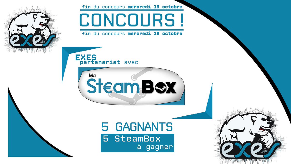 eXeSeSport's tweet photo. #CONCOURS RT+Follow @MaSteamBoxFR &amp; @eXeSeSport du 07/10 au 19/10. 
A gagner ? 5 jeux aléatoire #Steam ! https://t.co/ukhT9saXvO
