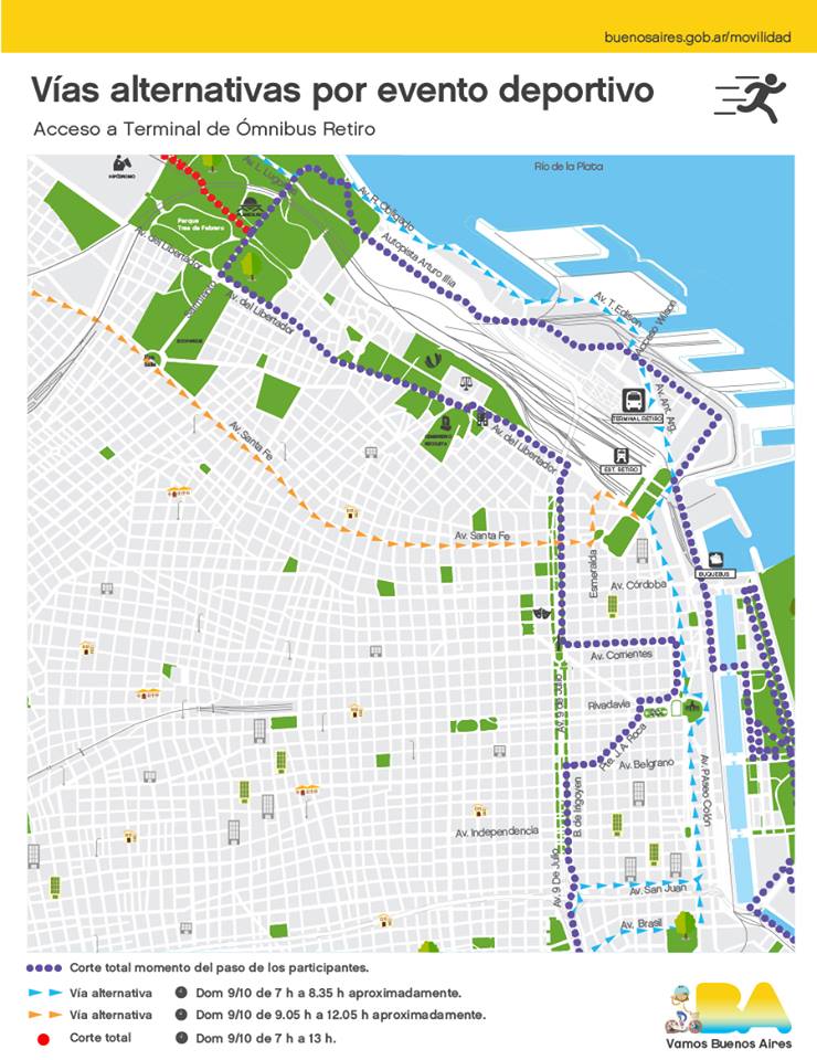 BAMovilidad's tweet photo. Domingo 9/10 La zona Terminal de ómnibus de Retiro se vera afectada por Maratón 42k entre las 7:30 y las 12hs. Vías Alternativas:
#transito https://t.co/W6uuLpysKI