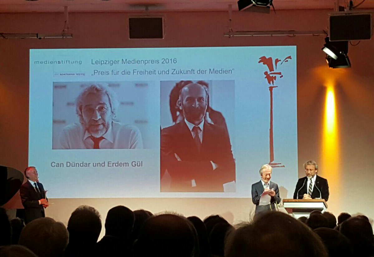 ECPMF's tweet photo. Erdem Gül and Can Dündar receiving the Prize for the Freedom and Future of the Media. We and all #ECPMF2016 participants congratulate! https://t.co/qKOL10lCR6