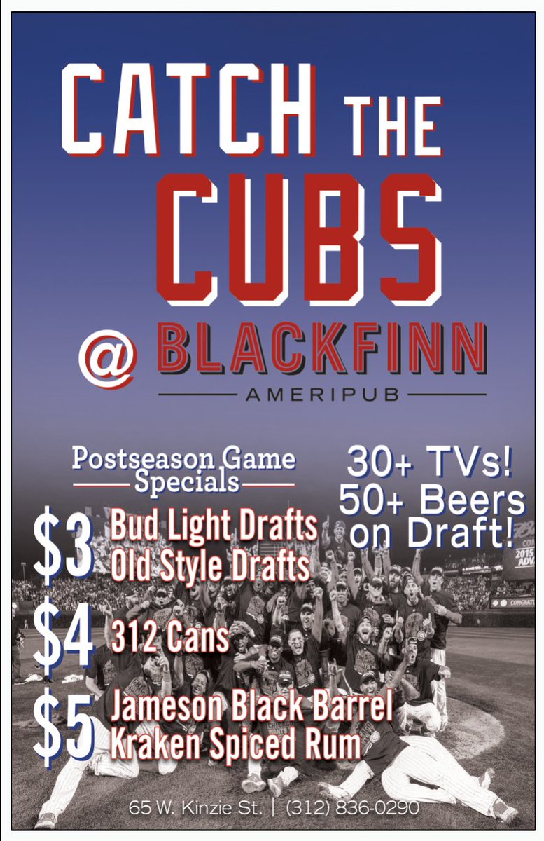 Here are our specials for the Cubs game tonight! We will have game sound on and plenty of beer!

See you at 8:15!