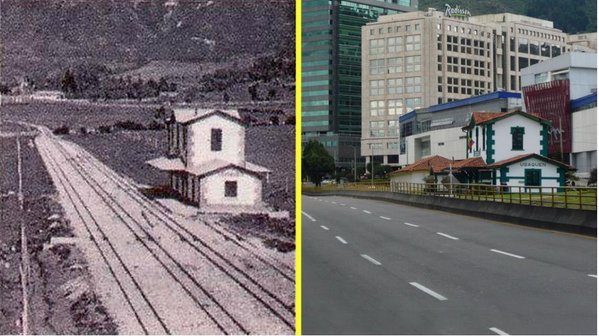 DeepSageApp's tweet photo. Estación de tren en Usaquén en Bogotá a finales de la década de 1890 y como se ve hoy en día https://t.co/EHXqTda204