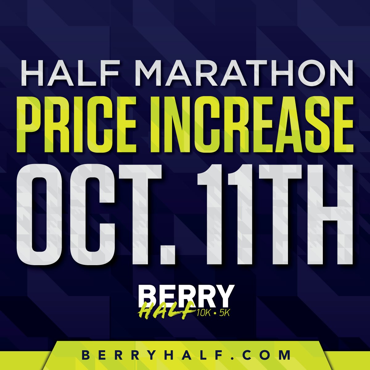 BerryHalf's tweet photo. Price increases for the 2017 Berry Half Marathon October 11th! Secure your spot today! Register at: https://t.co/sk18DipY9R https://t.co/eTlCfZuflJ