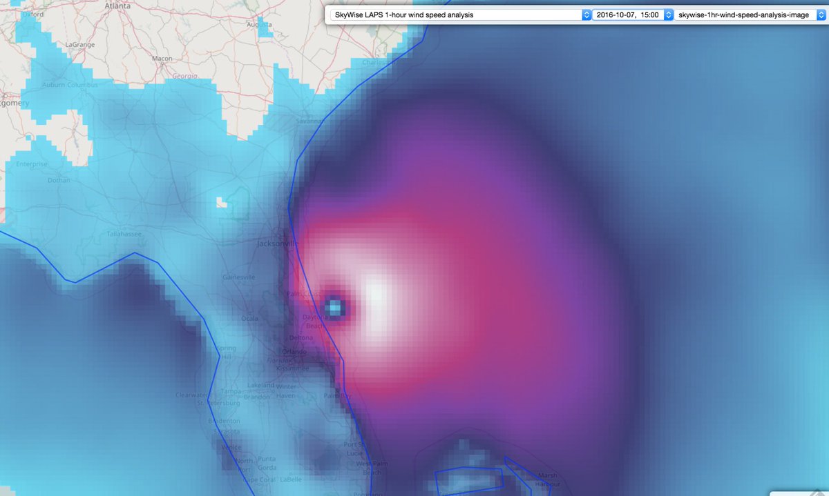 ultimaswc3's tweet photo. Hurricane #Matthew gridded wind speed, one of many tiled data sets available in our upcoming platform API. #thinkweather @WeatherDecTech https://t.co/AFem5I9VZE