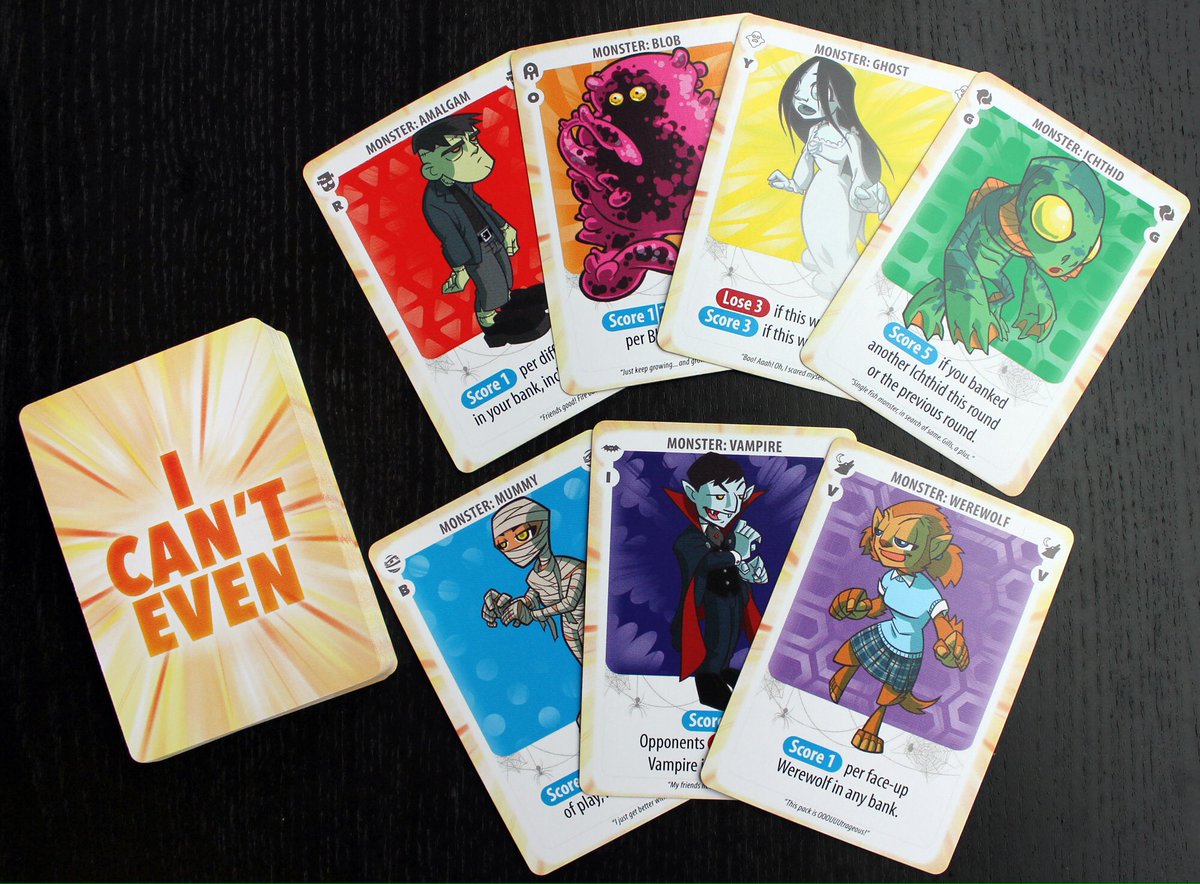 SmartPlayGames's tweet image. Ooh. New card proofs for I Can't Even With These Monsters. Coming soon to smartplaygames.com 😍