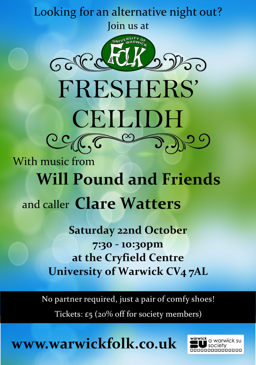 Upcoming ceilidh with Will Pound and Friends <a href="/willharmonica/">Will Pound</a> and caller Clare Watters <a href="/clarey_w/">Clare Watters</a> 22nd Oct 19.30, Cryfield centre, Warwick Uni