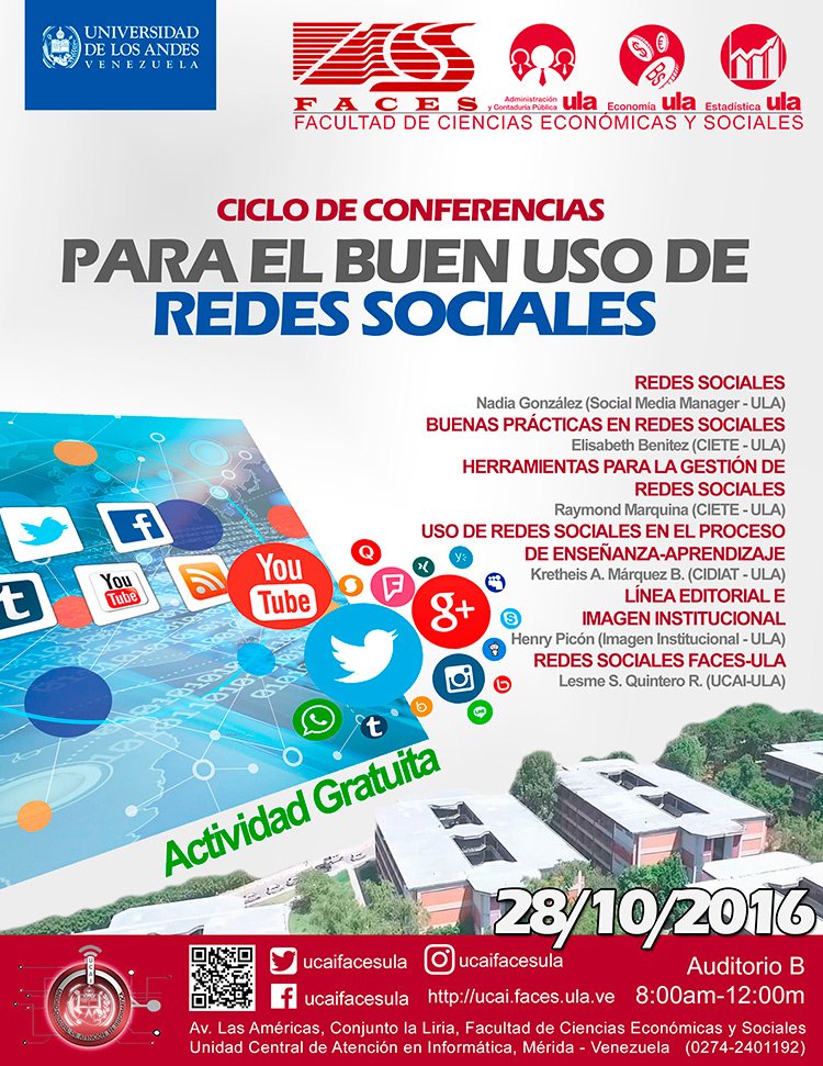 ucaifacesula's tweet photo. Ciclo de Conferencias Redes Sociales 28/10/2016 #FACESULA https://t.co/Jfdr2o4WIT https://t.co/QMit4SN59w