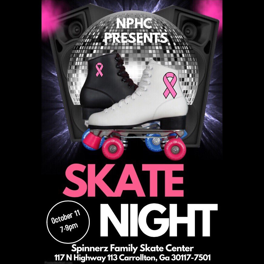 Nupes_TK's tweet photo. On Tuesday Oct 11th at 7 pm the NPHC will host a skate night at Spinnerz Family Skate Center. Admission is 8 dollars.  #UWG https://t.co/k3OzaQB6HG