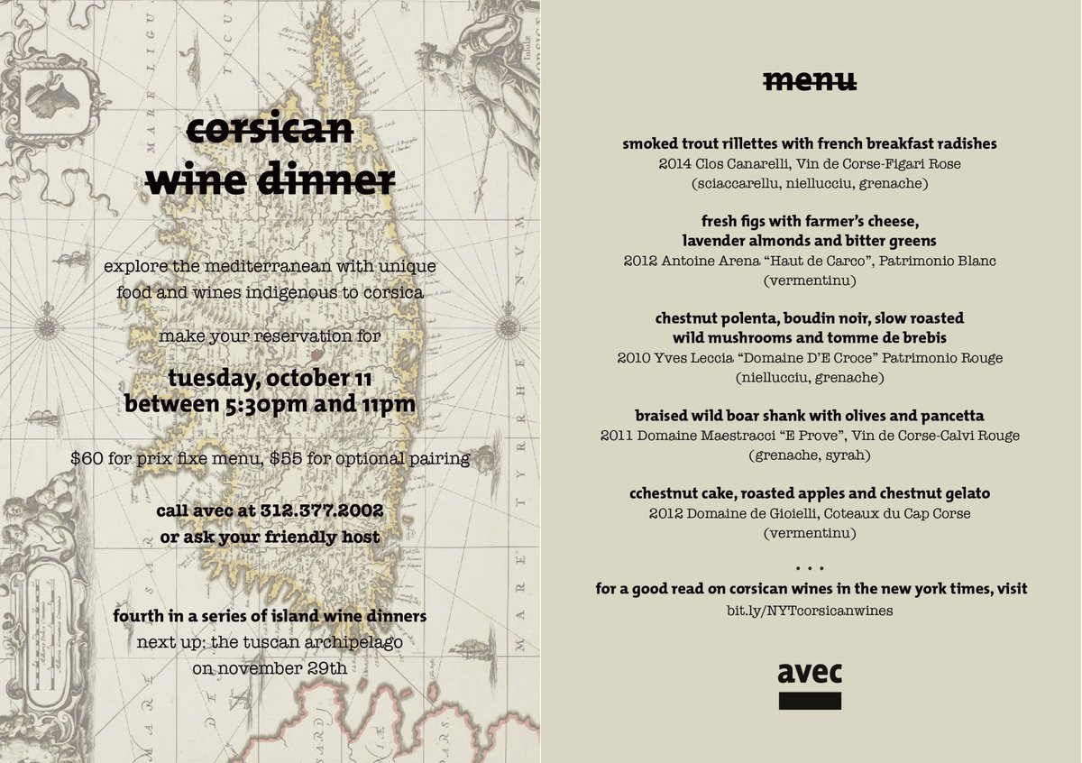 Just a few seats left for our Oct. 11 Corsican Wine Dinner <a href="/avecchicago/">avec</a>. Get 'em while you can!