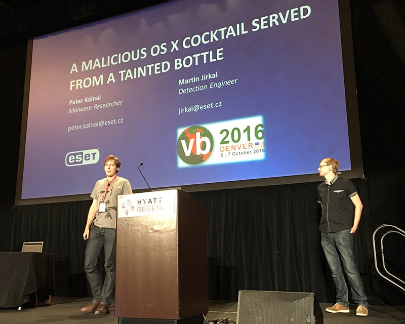 ESET's tweet image. Martin Jirkal and @pkalnai gave a great #VB2016 talk last night on #KeRanger and #Keydnap Bottle"virusbulletin.com/conference/vb2…