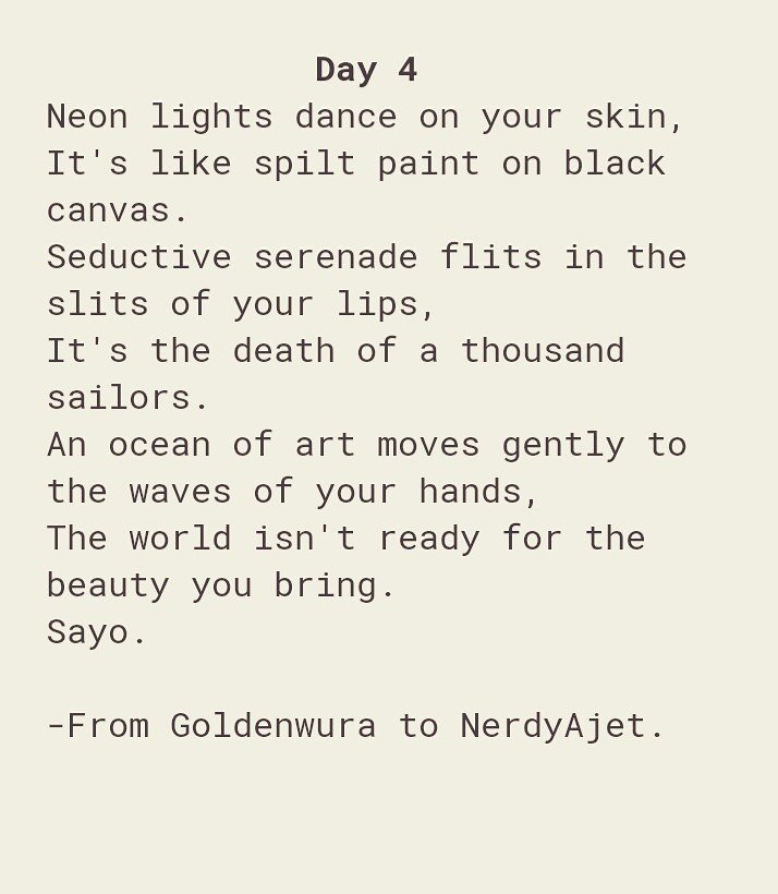 goldenwura's tweet photo. Day 4 of #BreakingTheBlock #30DaysWritersChallenge is for @NerdyAjet โฅ https://t.co/amq6wpFSNy