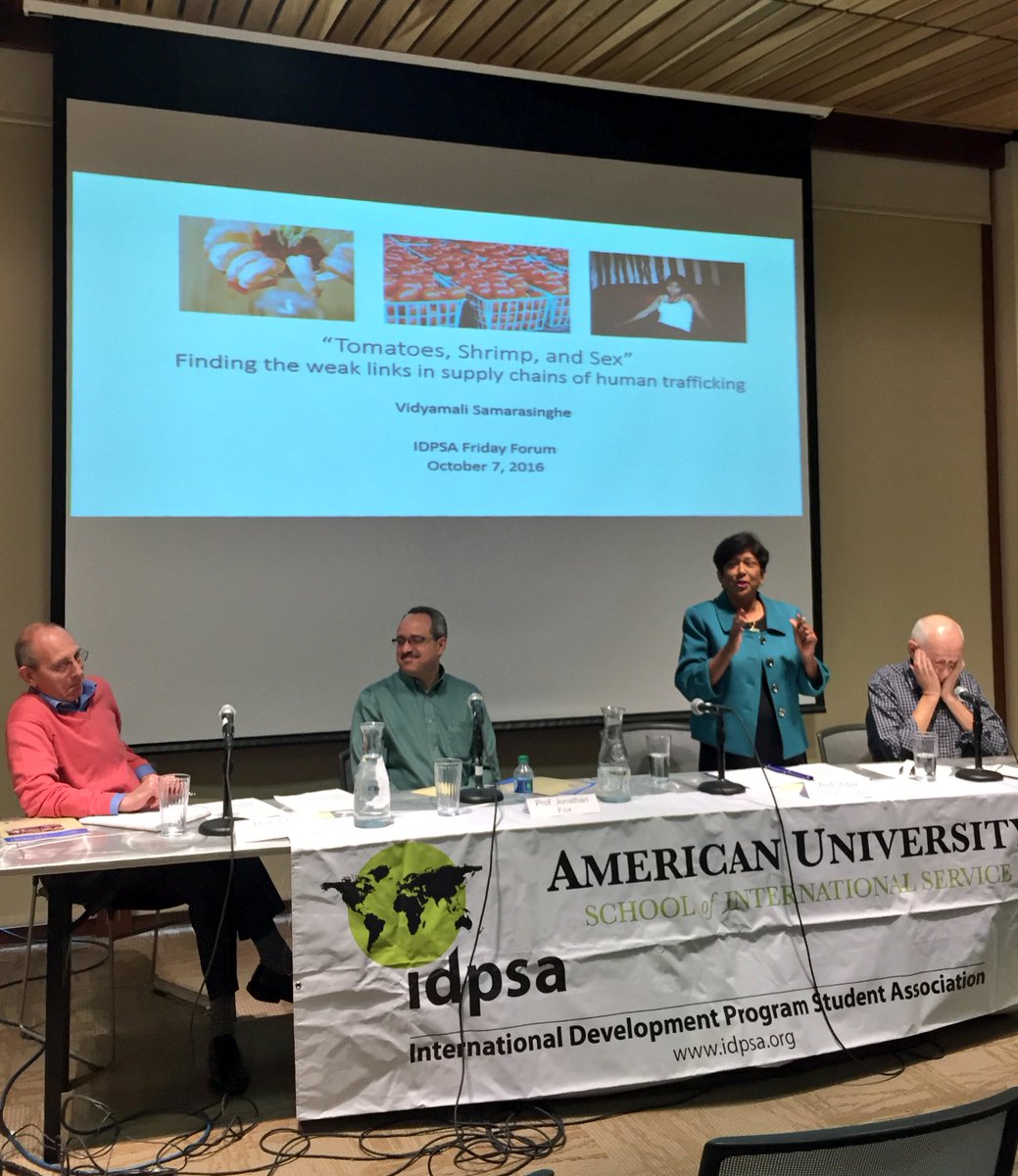 idpsa_sis's tweet photo. "Tomatoes, Shrimp, & Sex" : Finding the weak links in supply chains of #humantrafficking - Vidya Samarasinghe #IDPFridayForum https://t.co/w4V5lBrQpm