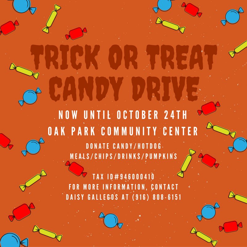 Oak Park Community Center is asking for donations until Mon, Oct 24th. Contact Daisy at dgallegos@cityofsacramento.org or call 916-808-6151.