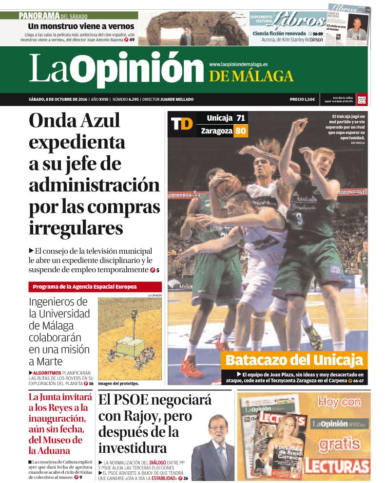 opiniondemalaga's tweet photo. ¡Buenos días! Esta es nuestra portada de hoy, sábado 8 de octubre. https://t.co/q0J5H0cN6c