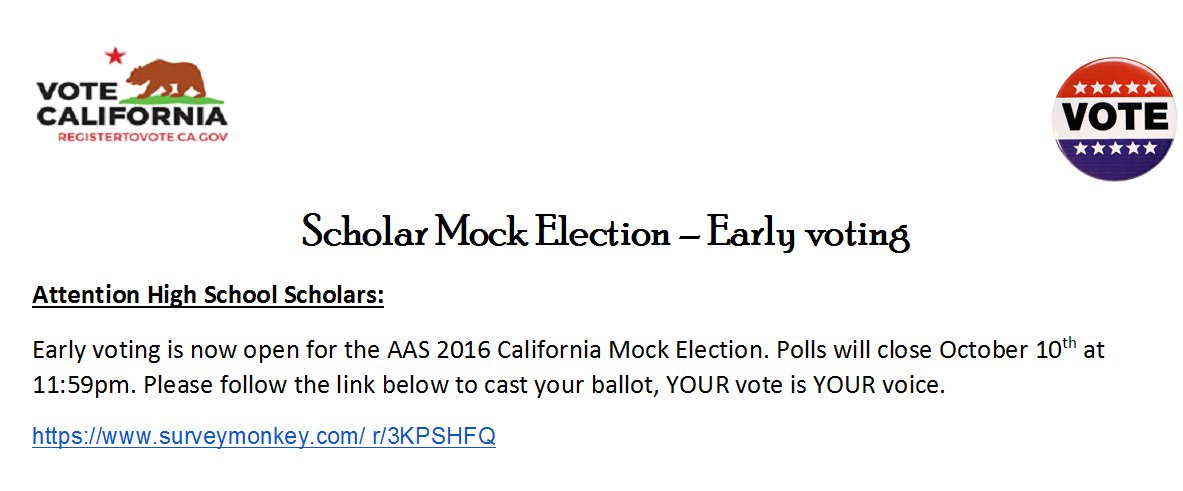 AASCommunicates's tweet photo. AAS High School Scholars: Have you voted in the #CAMockElection organized by @AASMrBee & @MrGibbAAS? Do so here: https://t.co/A7JeQHX46a https://t.co/KzXQe0r98c