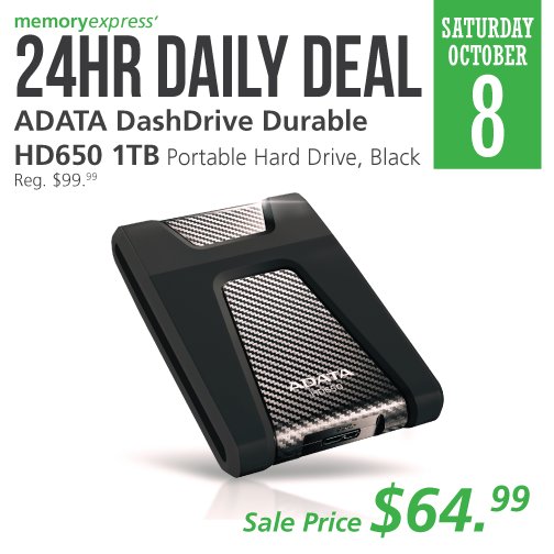MemoryExpress's tweet photo. #24hrDailyDeal: Save 35% off @ADATATechnology #DashDrive #Durable #HD650 1TB Portable HDD!
https://t.co/CmAzYQyEa4 https://t.co/lTvOUH5K0t